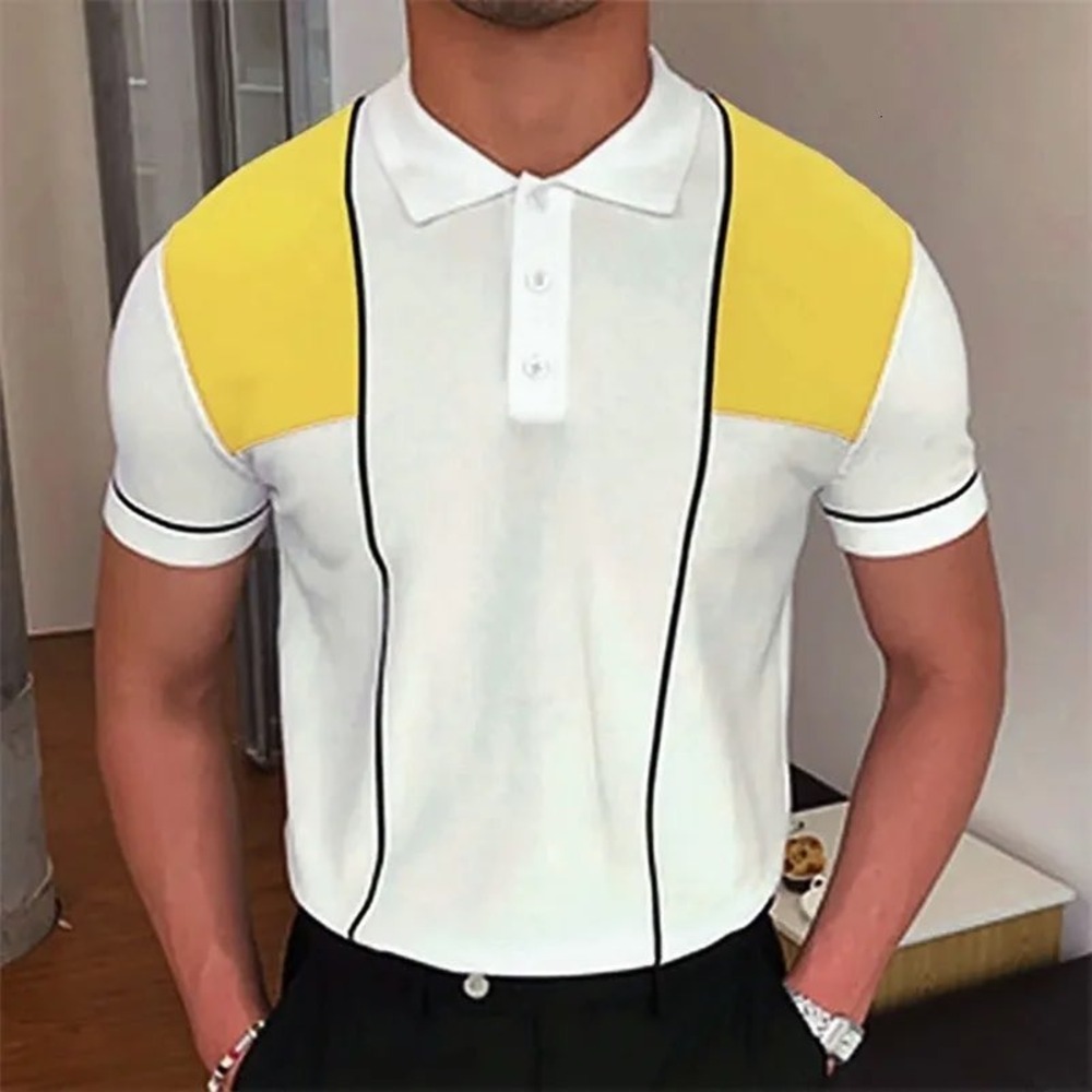 Sinransinya Mens Retro Colorblock Knit Polo Shirt White Yellow Black Size Medium